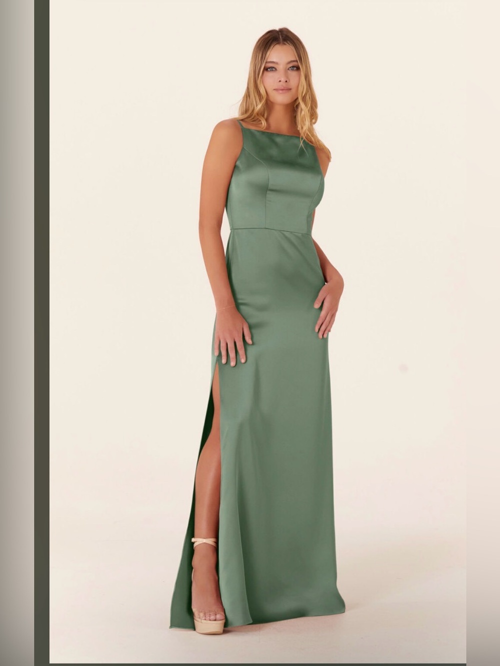 Morilee Size 16 Sage Green Satin Open Back Slit Formal Evening Gown NWT GALA MOB